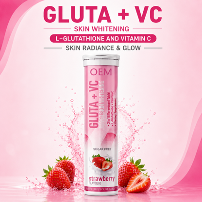 A pink cylindrical tube of OEM Gluta + VC skin whitening spray, strawberry flavor, centered on a pink background with strawberry graphics and text overlays describing skin benefits.