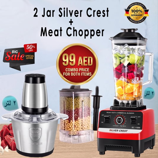 Ultimate Kitchen Prep Bundle | 4500W Silver Crest 2-Jar Blender + Stainless Steel Meat Chopper