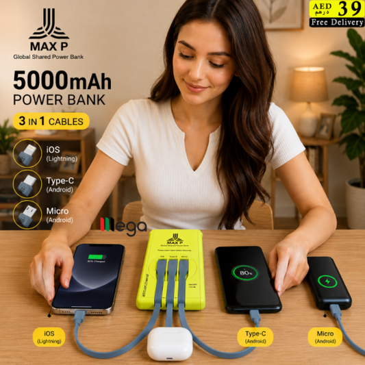 A woman sits at a wooden table demonstrating a MAX P 5000mAh power bank. The bright yellow power bank is shown connecting to three smartphones via different cable types (Lightning, Type-C, and Micro) and also has a white wireless charging receiver in the center.
